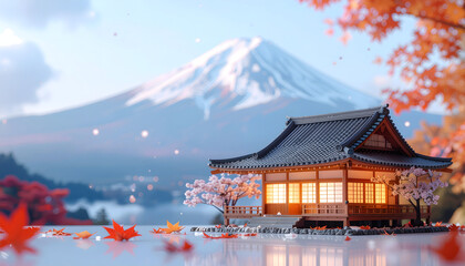 Obraz premium Miniature Japanese house and cool yard with Mount Fuji in the background.
