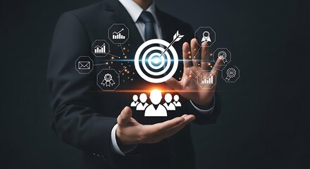 Businessman interacting with futuristic digital interface displaying business goals and teamwork icons