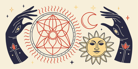 Mystical hands reaching for celestial sun and moon symbols, creating a magical boho atmosphere