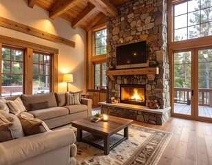 Spacious living room with stone fireplace, hardwood floors, and large windows offering scenic views