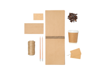 Stationery and a coffee cup are neatly arranged, isolated on white, PNG