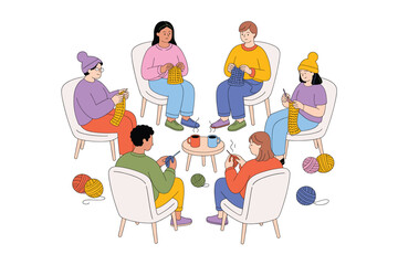 Knitting Circle: Diverse Group Crafting Together, Sharing Ideas and Warmth with Yarns, Needles, Chairs, and Coffee in a Creative and Relaxing Environment