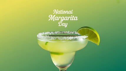 A margarita cocktail with a salted rim and lime garnish, celebrated on National Margarita Day against a green gradient background.