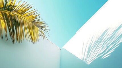 Minimalist tropical with palm leaf, turquoise sky, and white modern building elements