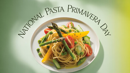 A plate of pasta primavera with fresh vegetables including asparagus, peas, tomatoes, and zucchini, celebrating National Pasta Primavera Day.