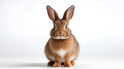Obraz premium A cute brown rabbit sitting on a white floor. Isolated background. Transparent PNG.
