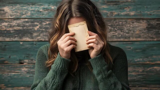 Shy woman hides face with vintage book against rustic teal wood wall, moody cozy vibe with long hair and green sweater, introvert emotion