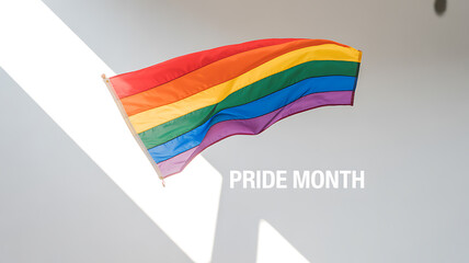 Rainbow pride flag waving indoors with text 'PRIDE MONTH' displayed on a white wall