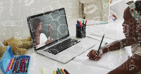 Girl connecting online lesson and copying formulas on teacher's virtual chalkboard for learning - Powered by Adobe