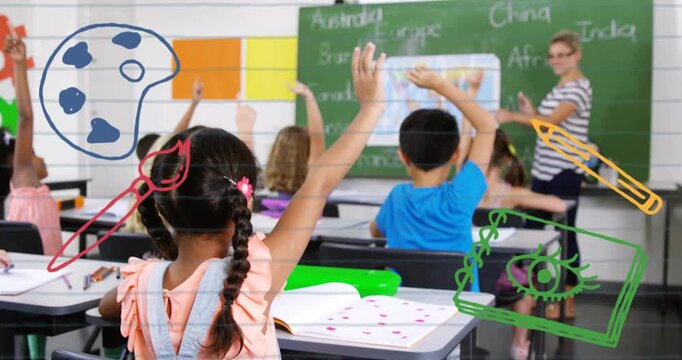 Teacher pointing at map urging class raising hands answering question with art icons appearing