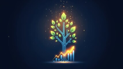 A vibrant digital illustration of a tree symbolizing growth, with green leaves and upward graphs - Powered by Adobe