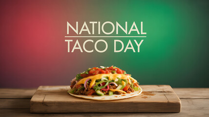 National Taco Day celebration featuring a colorful taco on a wooden board with a vibrant background