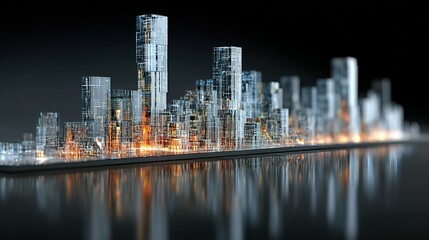 Obraz premium Abstract cityscape with tall buildings reflecting on a dark surface.