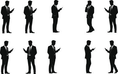 Businessman silhouette using smartphone, corporate professional poses, mobile technology concept, digital communication, office lifestyle, decision making,