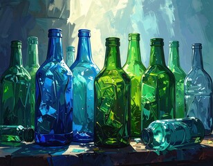 Blue and Green Glass Bottles in Soft Light