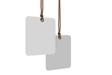 3D mockup of Square blank hanging tags with rope strings, metal eyelets, isolated on background. For branding, label design, packaging, fashion, retail, shipping label, wedding tag, gift tag