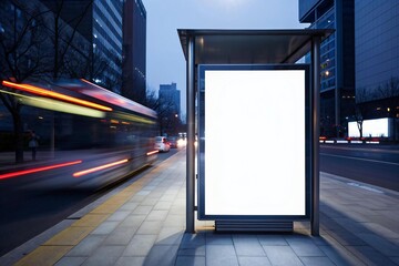 Showcase your brand with this stunning blank billboard at a bus stop in the vibrant city at twilight, perfect for your next impactful marketing campaign with high visibility and reach