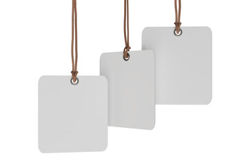3D mockup of Square blank hanging tags with rope strings, metal eyelets, isolated on background. For branding, label design, packaging, fashion, retail, shipping label, wedding tag, gift tag