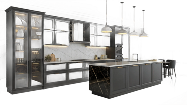 A modern kitchen with black cabinets marble countertops and pendant lights over the island area in a home