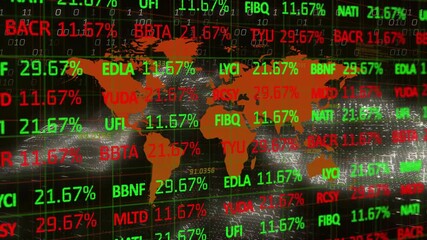 Opening orange world map showing scrolling tickers updating green red percents displaying trends