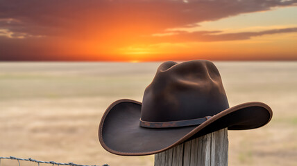 Cowboy hat resting on a wooden fence post against a sunset in a vast open field