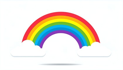 A colorful rainbow arc rests on two fluffy white clouds against a white background, casting a subtle shadow