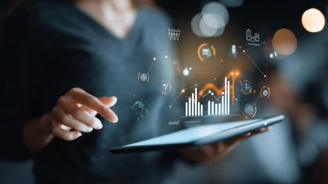 Analyzing Data: A person's focused interaction with a tablet showcasing an intricate array of graphs and charts, symbolizing the power of data analytics in a modern business environment.