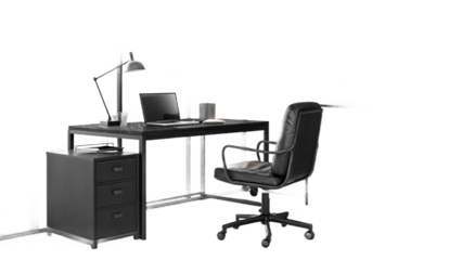 A modern black desk setup featuring a laptop lamp chair and cabinet against a black background