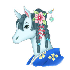 年賀状素材　午の手描きイラスト　主線あり