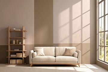 Experience calming comfort with this modern cream sofa and stylish shelving in a sunlit living room, perfect for creating a relaxing and inviting home interior design concept