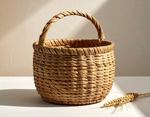 Beige Woven Basket with Wheat on White Background