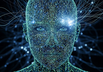 Close up of a futuristic digital human head formed from glowing blue circuit board patterns and intricate data streams representing artificial intelligence and technological advancement