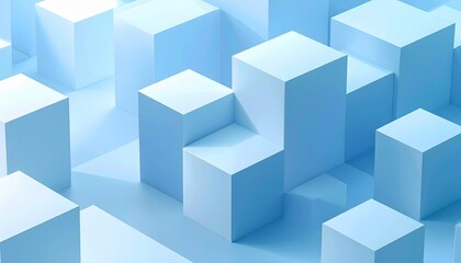 Abstract blue gradient architecture with staggered rectangular prisms, soft shadows, and minimalist depth, evoking structure, clarity, and modern rhythm.