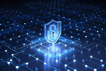 Cybersecurity shield with padlock protecting data on glowing circuit board, offering digital security solutions for online safety and peace of mind in the digital age