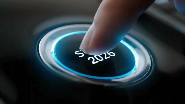 Hand Pressing Start 2026 Button with Light Effect.