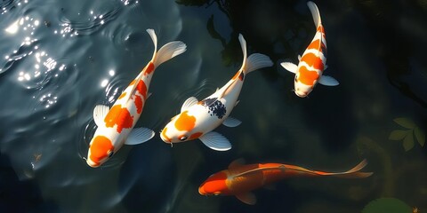 Graceful koi swim in a sun-dappled pond, water shimmering,  black,  nature