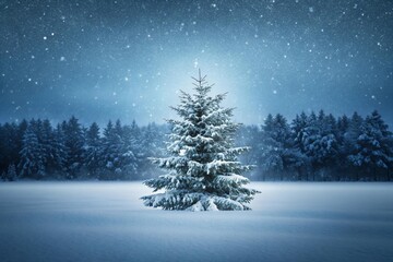 Celebrate the serene beauty of a snowy Christmas with a majestic snow-covered tree in a winter wonderland, perfect for holiday greetings, seasonal promotions, and festive designs