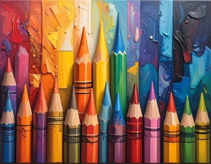 Vibrant colored pencils arranged in a row against a textured, rainbow-hued background
