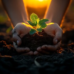 Hands holding a small seedling in rich soil, bathed in warm sunlight