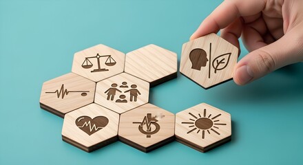 Conceptual Hexagons Representing Sustainability, Health, Community, Economy, and Environment