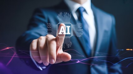 Businessman touching AI chip icon with glowing light trails Keywords: AI, artificial intelligence, technology, chip, circuit, computer, digital