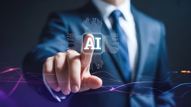 Businessman touching AI chip icon with glowing light trails Keywords: AI, artificial intelligence, technology, chip, circuit, computer, digital
