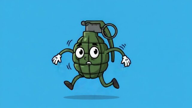 Funny 2D Cartoon Hand Grenade Character Running Urgently, Comic Animation