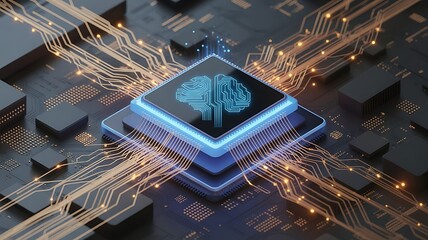 Brain Chip Microprocessor with Glowing Blue Circuits on Computer Motherboard