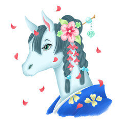 年賀状素材　午の手描きイラスト　花びら付　主線なし