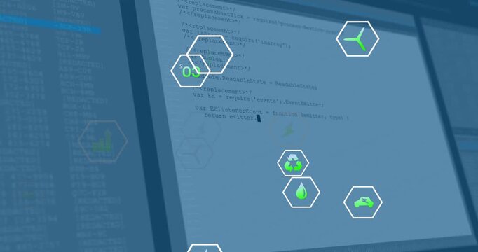 After one second backdrop shifting revealing code window, hexagon icons drifting, rotating, fading