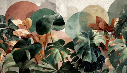 A lush, vibrant display of tropical foliage, showcasing a variety of leaf shapes and colors against a backdrop of soft, muted tones.