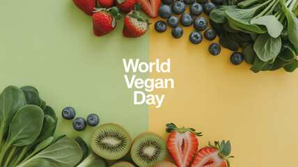 World Vegan Day celebration with fresh fruits and vegetables arranged on a colorful background