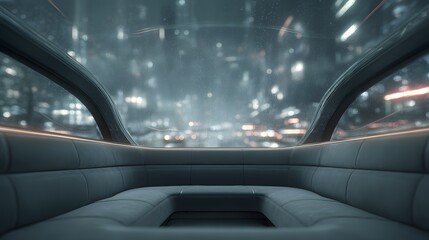 Autonomous car living room blurred curved glass with rain-lit city reflections