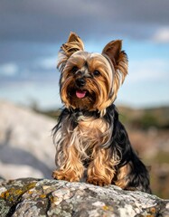 Small dog sits on rock, tongue out